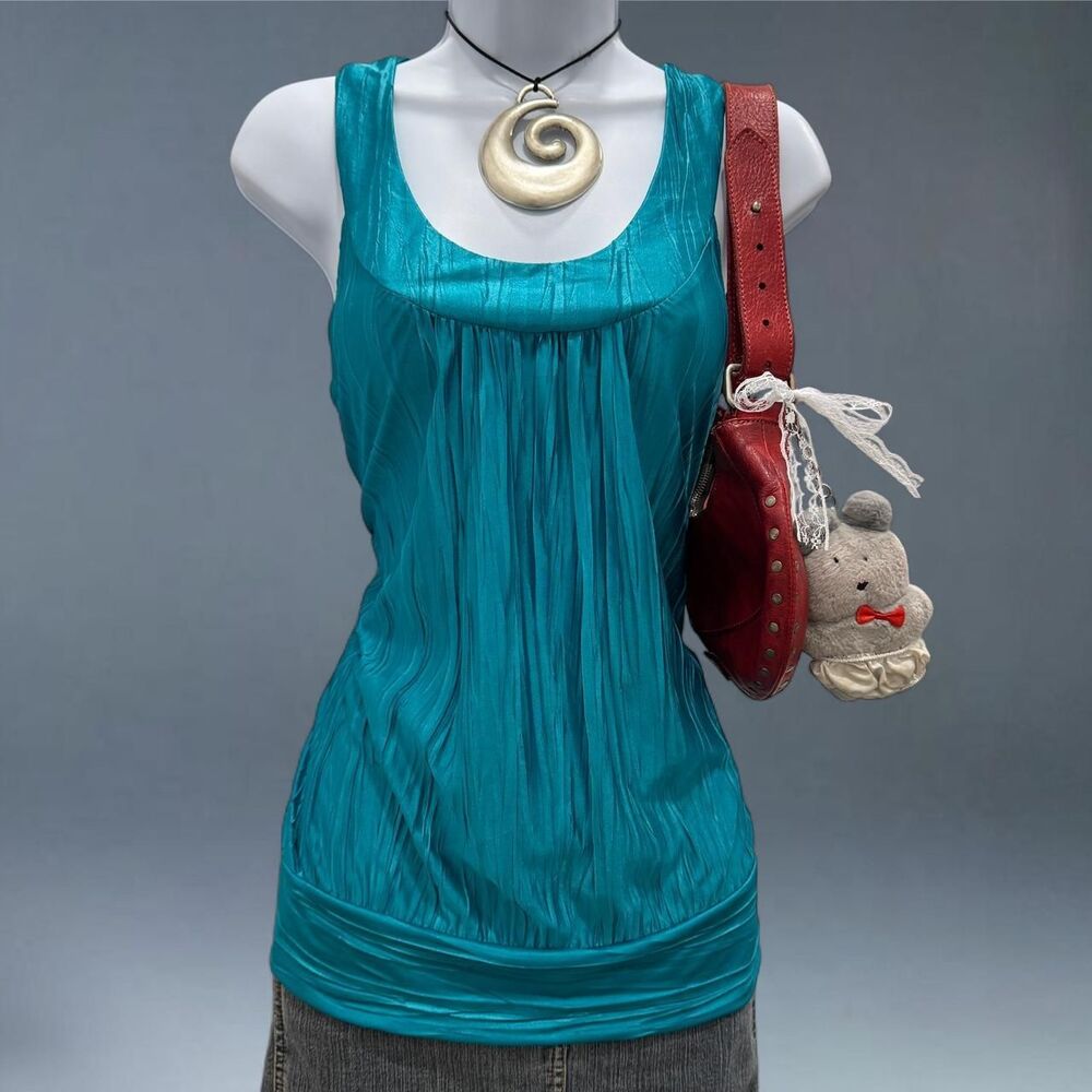 Y2K Glam Byer California Teal Crinkle Halter Top Ring Back Tank Made in USA M